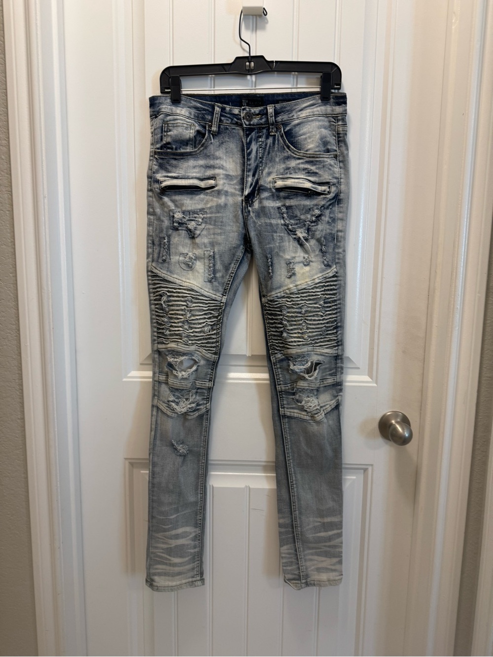 Waimea Skinny Fit  Moto Jeans Light Wash Distressed Ribbed Biker Pleated Size 30